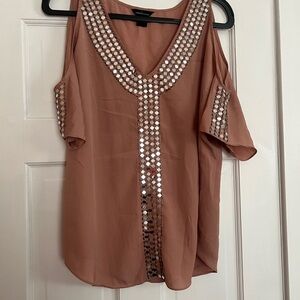 #50 MODA INTERNATIONAL • TAN/MAUVE COLD SHOULDER TOP • MIRROR EMBELLISHMENT